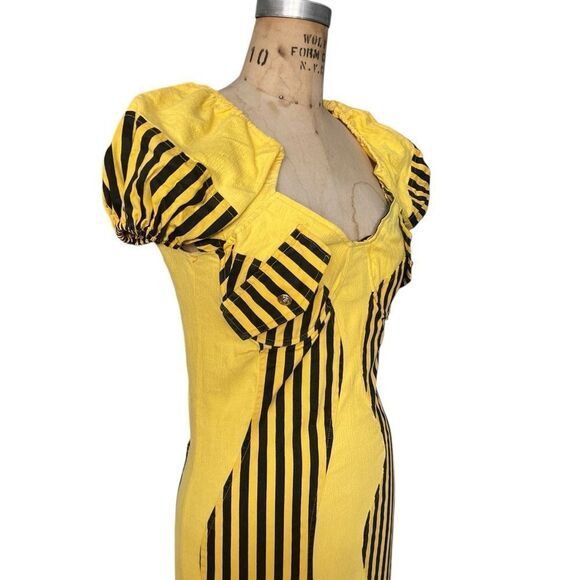 Patty Vintage 80’s Yellow Black Striped Fitted Dress Size M - Picture 3 of 9